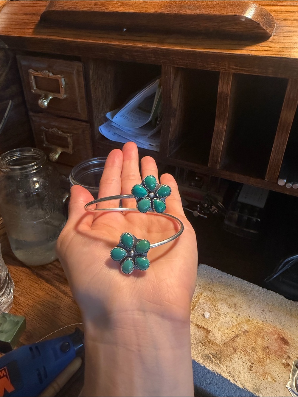 Turquoise Flower Cuff Bracelet - Women's Silver-Tone Jewelry